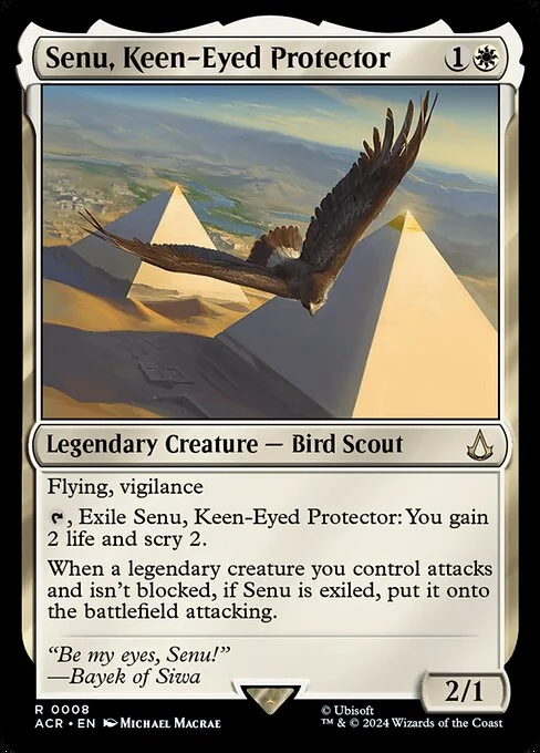 Senu, Keen-Eyed Protector, carta Magic di tipo Legendary Creature — Bird Scout illustrata da Michael MacRae