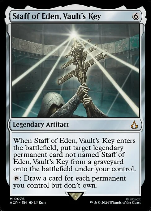Staff of Eden, Vault's Key, carta Magic di tipo Legendary Artifact illustrata da L J Koh