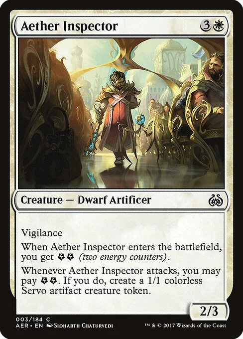 Aether Inspector, carta Magic di tipo Creature — Dwarf Artificer illustrata da Sidharth Chaturvedi