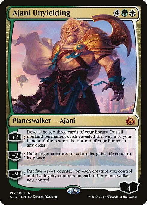 Ajani Unyielding, carta Magic di tipo Legendary Planeswalker — Ajani illustrata da Kieran Yanner
