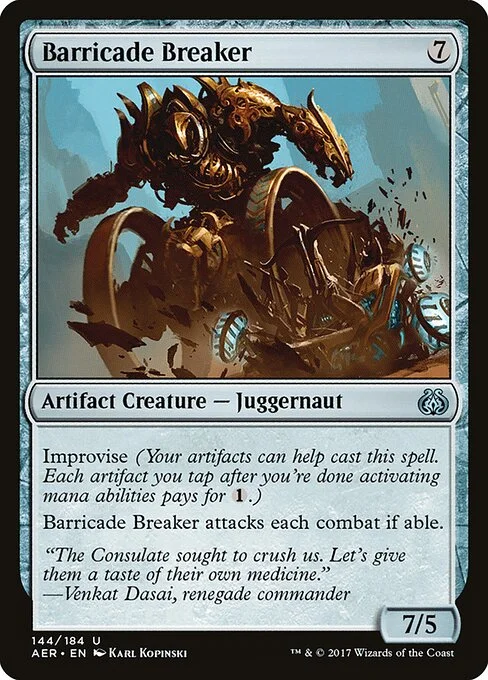 Barricade Breaker, carta Magic di tipo Artifact Creature — Juggernaut illustrata da Karl Kopinski