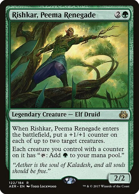Rishkar, Peema Renegade, carta Magic di tipo Legendary Creature — Elf Druid illustrata da Todd Lockwood
