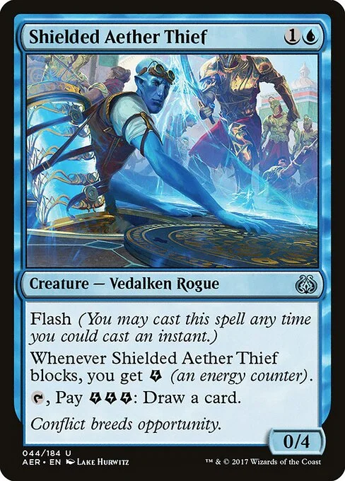 Shielded Aether Thief, carta Magic di tipo Creature — Vedalken Rogue illustrata da Lake Hurwitz
