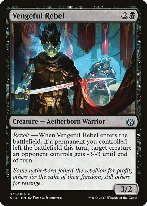 Vengeful Rebel, carta Magic di tipo Creature — Aetherborn Warrior illustrata da Tomasz Jedruszek