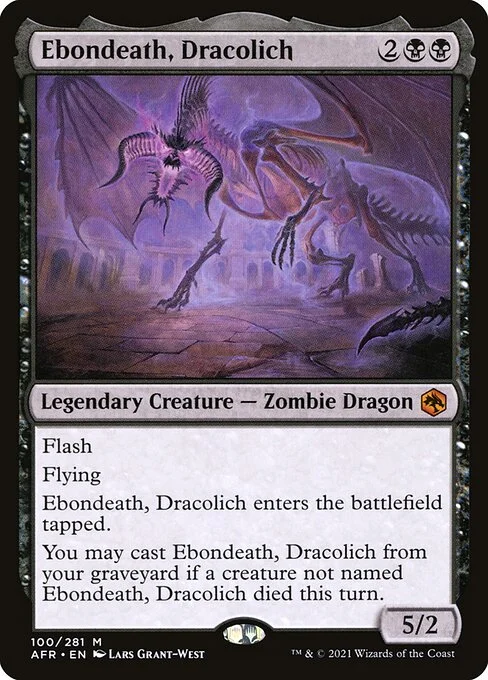 Ebondeath, Dracolich, carta Magic di tipo Legendary Creature — Zombie Dragon illustrata da Lars Grant-West
