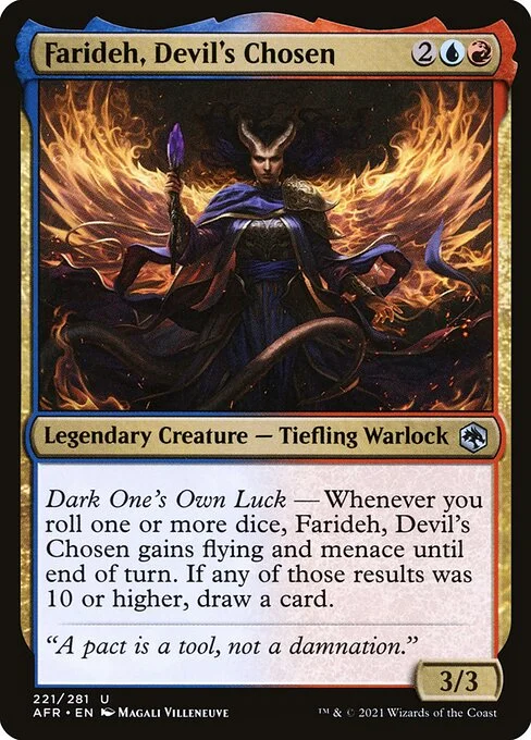 Farideh, Devil's Chosen, carta Magic di tipo Legendary Creature — Tiefling Warlock illustrata da Magali Villeneuve