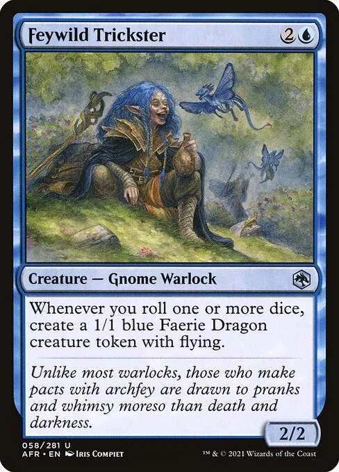Feywild Trickster, carta Magic di tipo Creature — Gnome Warlock illustrata da Iris Compiet