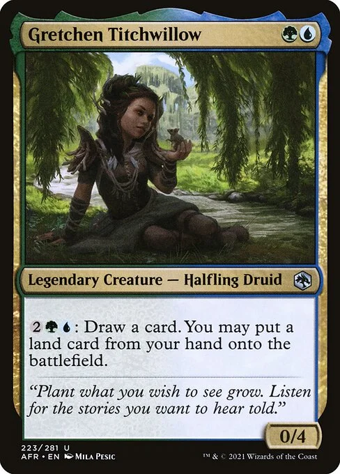 Gretchen Titchwillow, carta Magic di tipo Legendary Creature — Halfling Druid illustrata da Mila Pesic