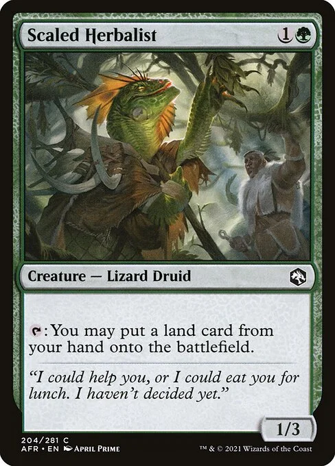 Scaled Herbalist, carta Magic di tipo Creature — Lizard Druid illustrata da April Prime