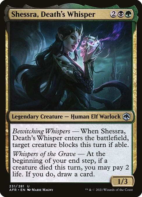 Shessra, Death's Whisper, carta Magic di tipo Legendary Creature — Human Elf Warlock illustrata da Marie Magny