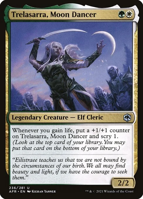 Trelasarra, Moon Dancer, carta Magic di tipo Legendary Creature — Elf Cleric illustrata da Kieran Yanner