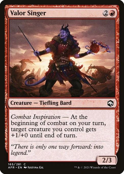 Valor Singer, carta Magic di tipo Creature — Tiefling Bard illustrata da Justyna Dura