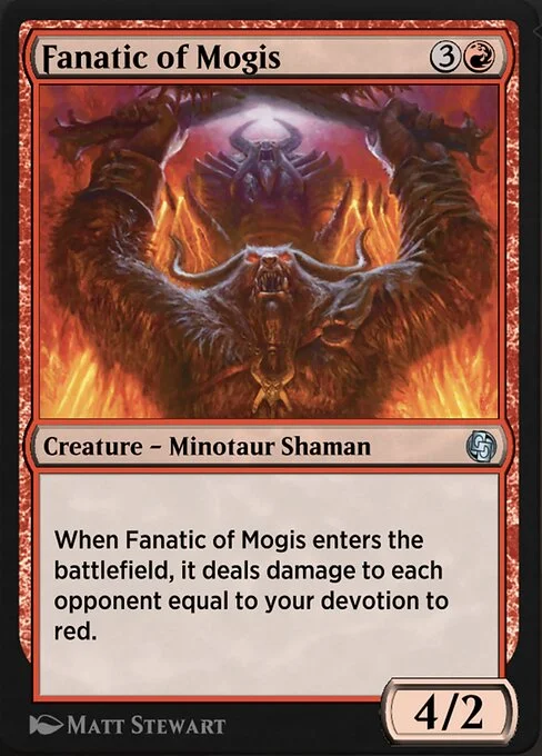 Fanatic of Mogis, carta Magic di tipo Creature — Minotaur Shaman illustrata da Matt Stewart