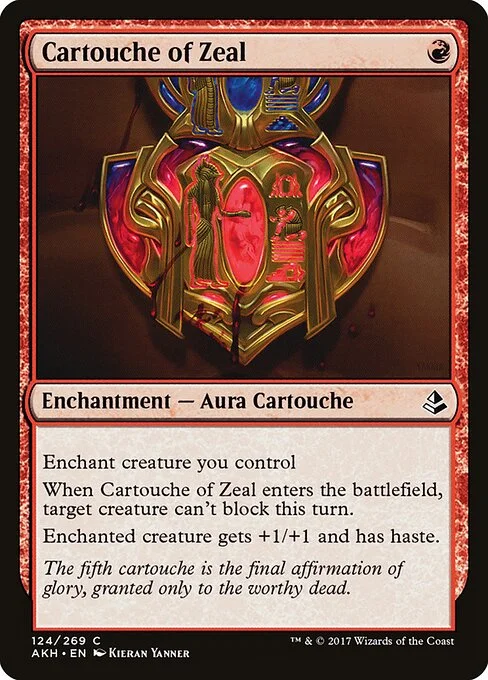 Cartouche of Zeal, carta Magic di tipo Enchantment — Aura Cartouche illustrata da Kieran Yanner