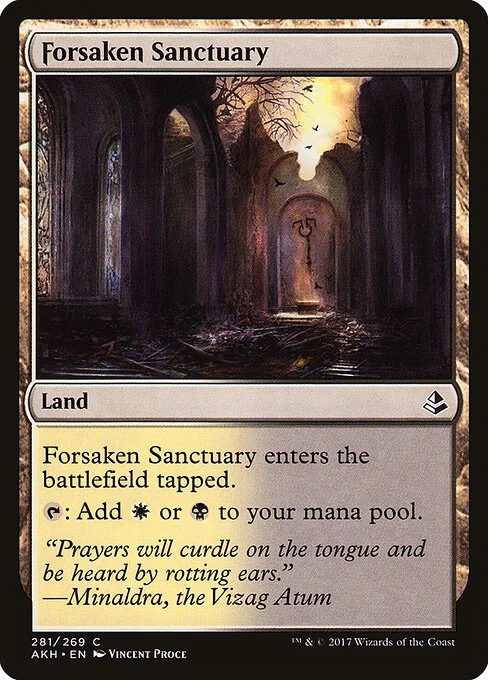 Forsaken Sanctuary, carta Magic di tipo Land illustrata da Vincent Proce