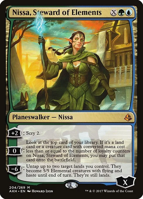 Nissa, Steward of Elements, carta Magic di tipo Legendary Planeswalker — Nissa illustrata da Howard Lyon