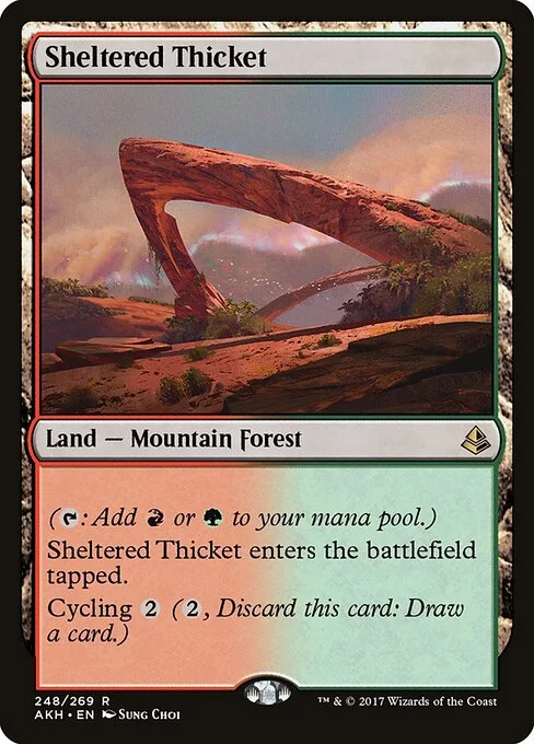 Sheltered Thicket, carta Magic di tipo Land — Mountain Forest illustrata da Sung Choi