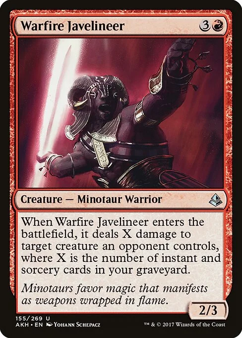 Warfire Javelineer, carta Magic di tipo Creature — Minotaur Warrior illustrata da Yohann Schepacz