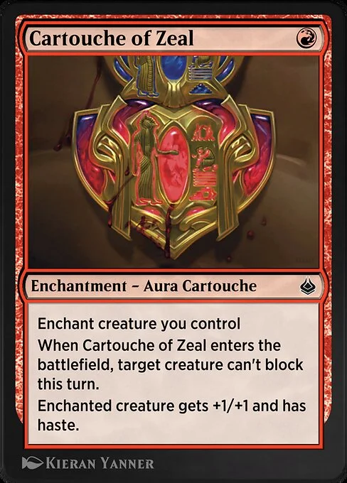 Cartouche of Zeal, carta Magic di tipo Enchantment — Aura Cartouche illustrata da Kieran Yanner