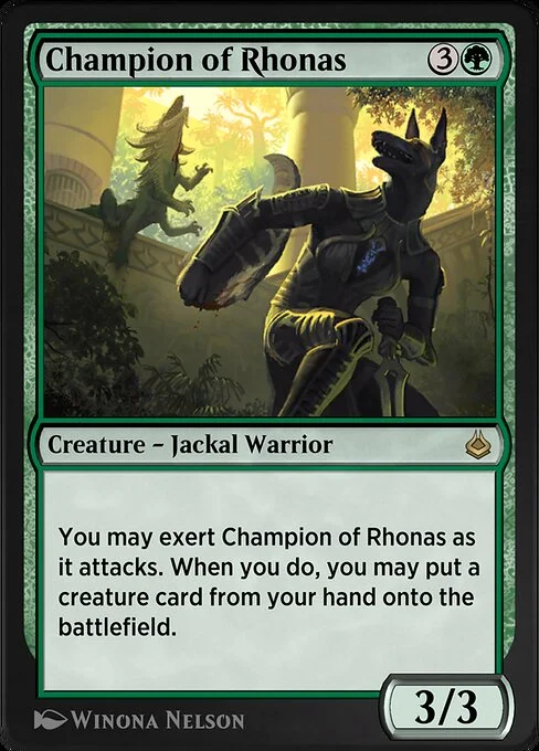 Champion of Rhonas, carta Magic di tipo Creature — Jackal Warrior illustrata da Winona Nelson