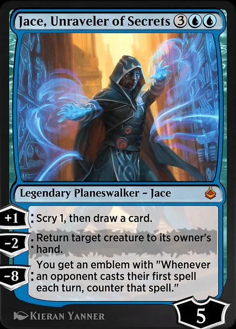 Jace, Unraveler of Secrets, carta Magic di tipo Legendary Planeswalker — Jace illustrata da Kieran Yanner