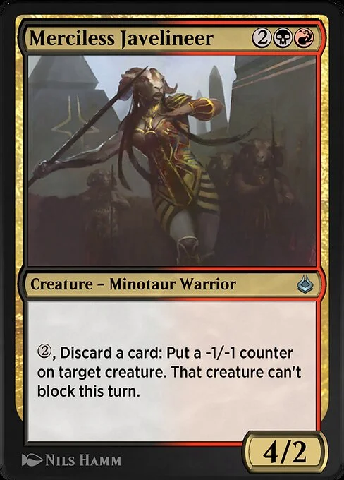 Merciless Javelineer, carta Magic di tipo Creature — Minotaur Warrior illustrata da Nils Hamm