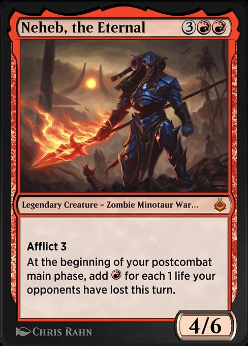 Neheb, the Eternal, carta Magic di tipo Legendary Creature — Zombie Minotaur Warrior illustrata da Chris Rahn