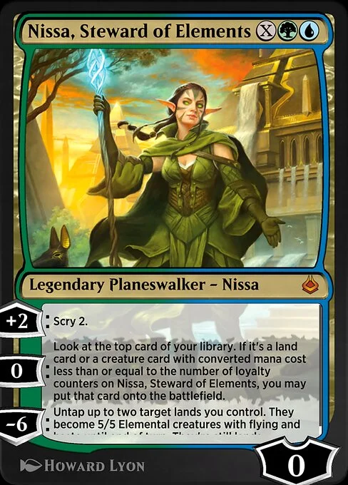 Nissa, Steward of Elements, carta Magic di tipo Legendary Planeswalker — Nissa illustrata da Howard Lyon