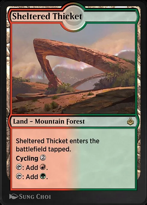 Sheltered Thicket, carta Magic di tipo Land — Mountain Forest illustrata da Sung Choi