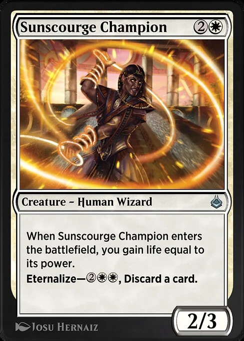 Sunscourge Champion, carta Magic di tipo Creature — Human Wizard illustrata da Josu Hernaiz