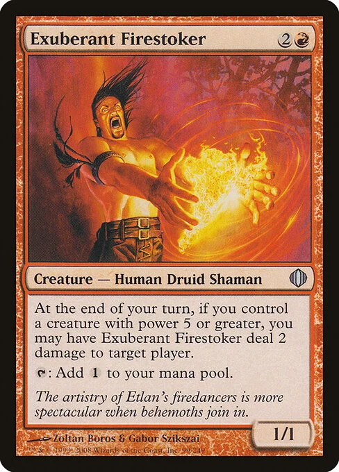 Exuberant Firestoker, carta Magic di tipo Creature — Human Druid Shaman illustrata da Zoltan Boros & Gabor Szikszai