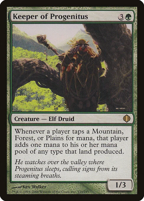 Keeper of Progenitus, carta Magic di tipo Creature — Elf Druid illustrata da Kev Walker