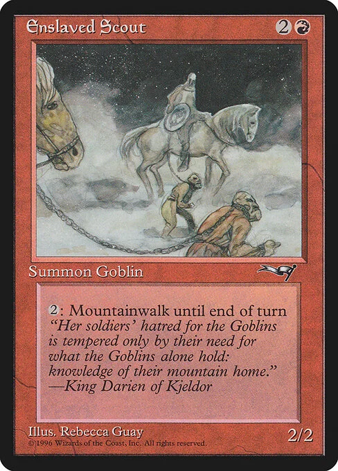 Enslaved Scout, carta Magic di tipo Creature — Goblin Scout illustrata da Rebecca Guay