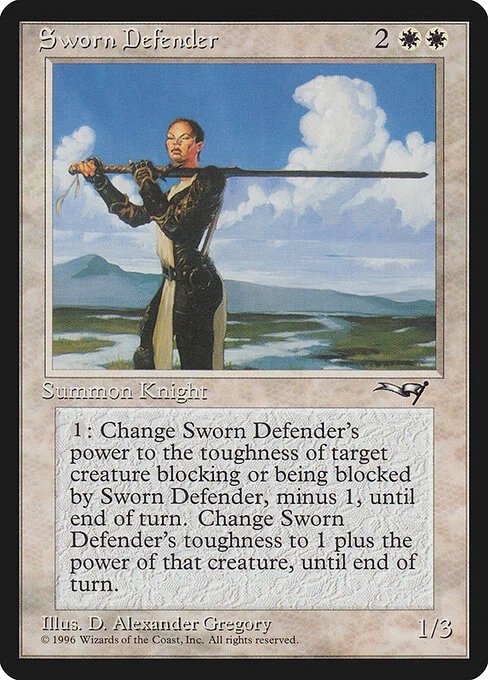 Sworn Defender, carta Magic di tipo Creature — Human Knight illustrata da D. Alexander Gregory