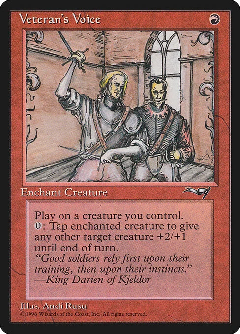 Veteran's Voice, carta Magic di tipo Enchantment — Aura illustrata da Andi Rusu