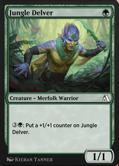 Jungle Delver, carta Magic di tipo Creature — Merfolk Warrior illustrata da Kieran Yanner