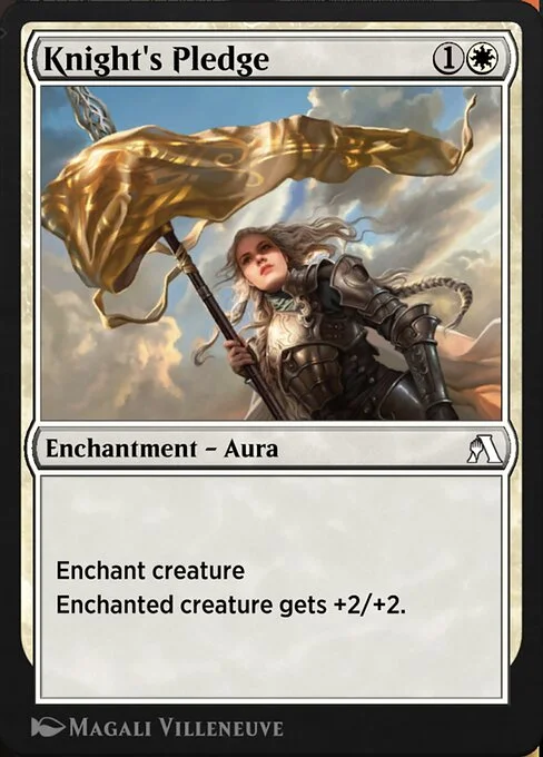 Knight's Pledge, carta Magic di tipo Enchantment — Aura illustrata da Magali Villeneuve