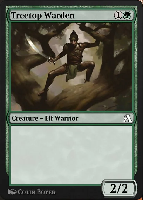 Treetop Warden, carta Magic di tipo Creature — Elf Warrior illustrata da Colin Boyer