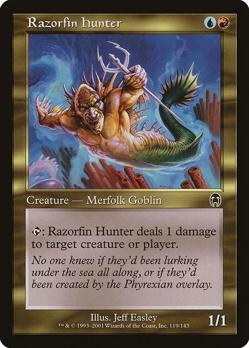 Razorfin Hunter, carta Magic di tipo Creature — Merfolk Goblin illustrata da Jeff Easley