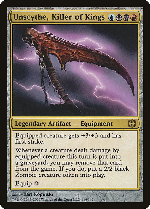 Unscythe, Killer of Kings, carta Magic di tipo Legendary Artifact — Equipment illustrata da Karl Kopinski