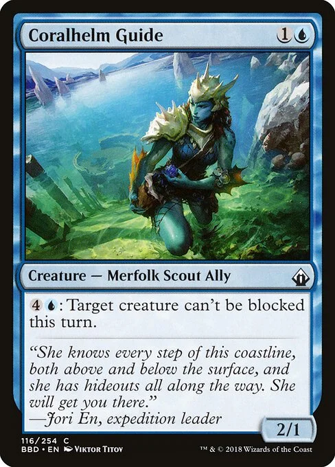 Coralhelm Guide, carta Magic di tipo Creature — Merfolk Scout Ally illustrata da Viktor Titov