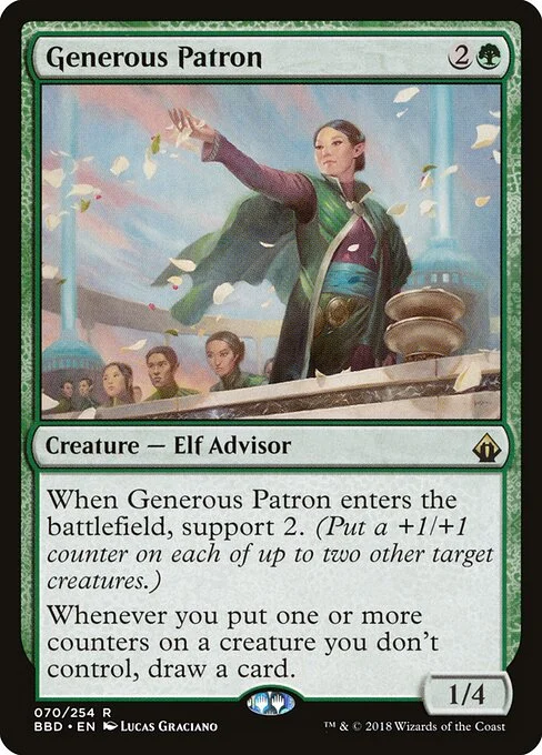 Generous Patron, carta Magic di tipo Creature — Elf Advisor illustrata da Lucas Graciano