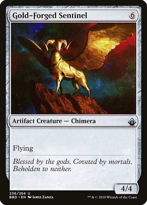 Gold-Forged Sentinel, carta Magic di tipo Artifact Creature — Chimera illustrata da James Zapata