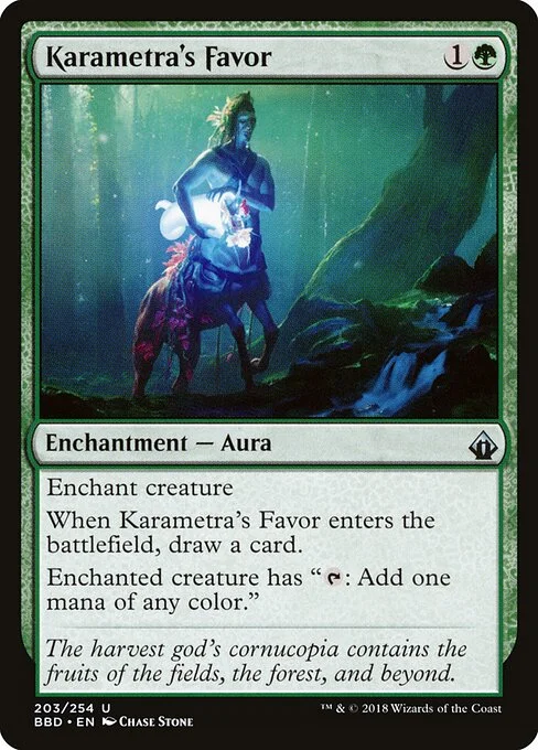 Karametra's Favor, carta Magic di tipo Enchantment — Aura illustrata da Chase Stone