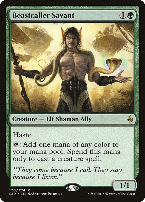 Beastcaller Savant, carta Magic di tipo Creature — Elf Shaman Ally illustrata da Anthony Palumbo