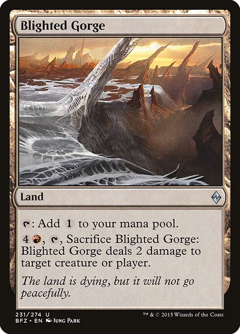 Blighted Gorge, carta Magic di tipo Land illustrata da Jung Park