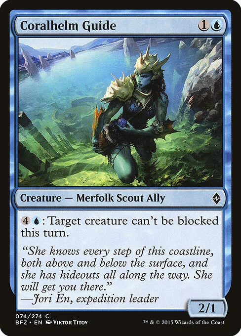Coralhelm Guide, carta Magic di tipo Creature — Merfolk Scout Ally illustrata da Viktor Titov