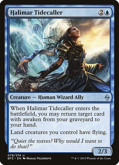 Halimar Tidecaller, carta Magic di tipo Creature — Human Wizard Ally illustrata da Magali Villeneuve