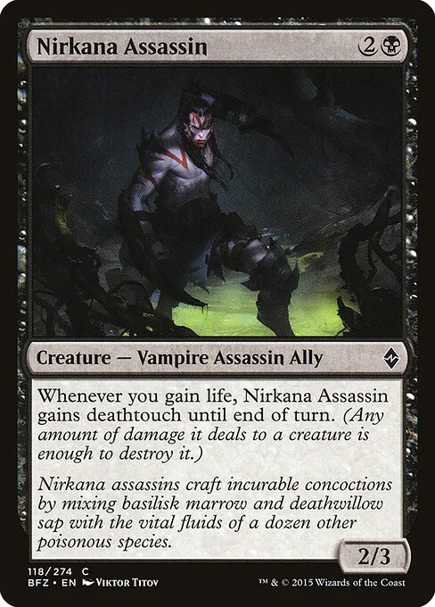 Nirkana Assassin, carta Magic di tipo Creature — Vampire Assassin Ally illustrata da Viktor Titov