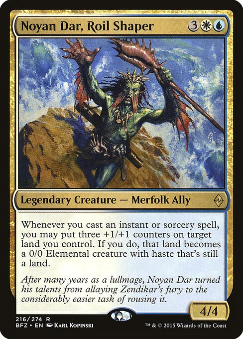 Noyan Dar, Roil Shaper, carta Magic di tipo Legendary Creature — Merfolk Ally illustrata da Karl Kopinski